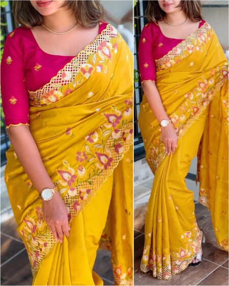 Cut Work Visca Slub Silk Saree(Yellow)