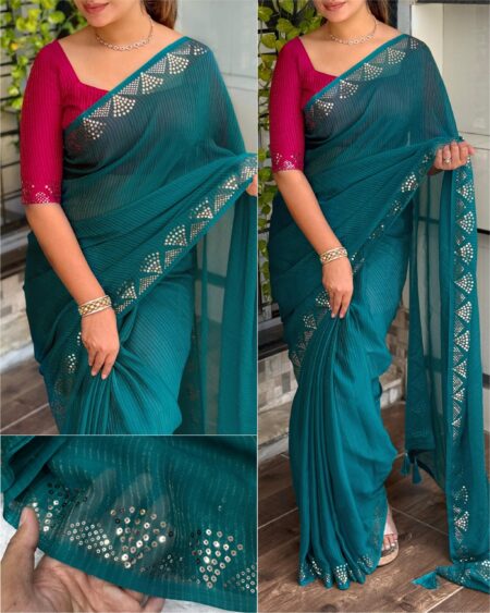 Solid Colour with Zari Weaving Pattern in Saree & Blouse (Rama)
